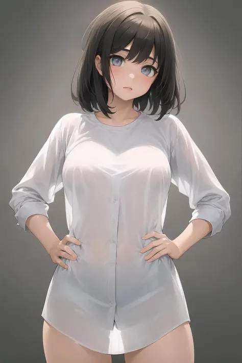 ((masterpiece)), (best quality), (detailed), (1 girl),<lora:12E 16Dim Locon Cosine3:0.8>,see-through silhouette,standing, white shirt, cowboy shot, grey background, oversized shirt, <lora:seeThroughSilhouette_v11:1>