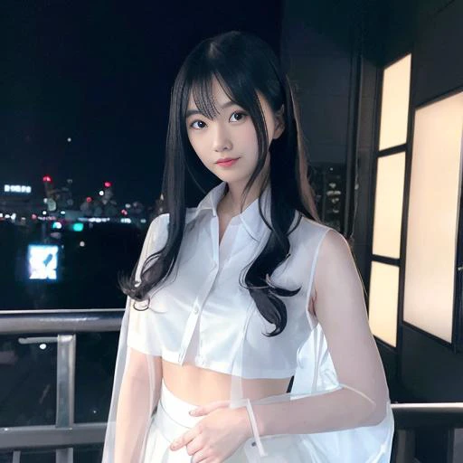 (see-through silhouette: 1.9), japanese adult lady, (semi-transparent student uniform: 1.9), hyper realistic, masterpiece, bokeh, night shot, wide shot, long hair, black hair, long twintail with ribbon, (cyberpunk city background: 1.9), fullbody shot, sci-fi, miniskirt, nsfw, white pant, highres, 8k poster photo, (future), (nipple silhouette: 1.9)