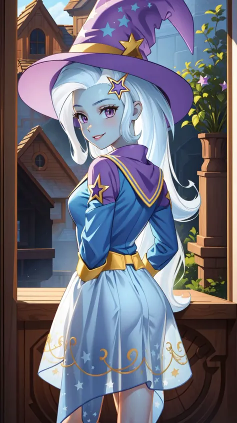 (masterpiece:1.1),(best quality:1.2),<lyco:mlp_trixie-10:1>,cowboy shot,solo,1girl,mlptrixie,colored skin,blue skin,smile,looking at viewer,arms behind back,star hair ornament,witch hat,<lora:see-through_silhouette:1>, see-through silhouette,