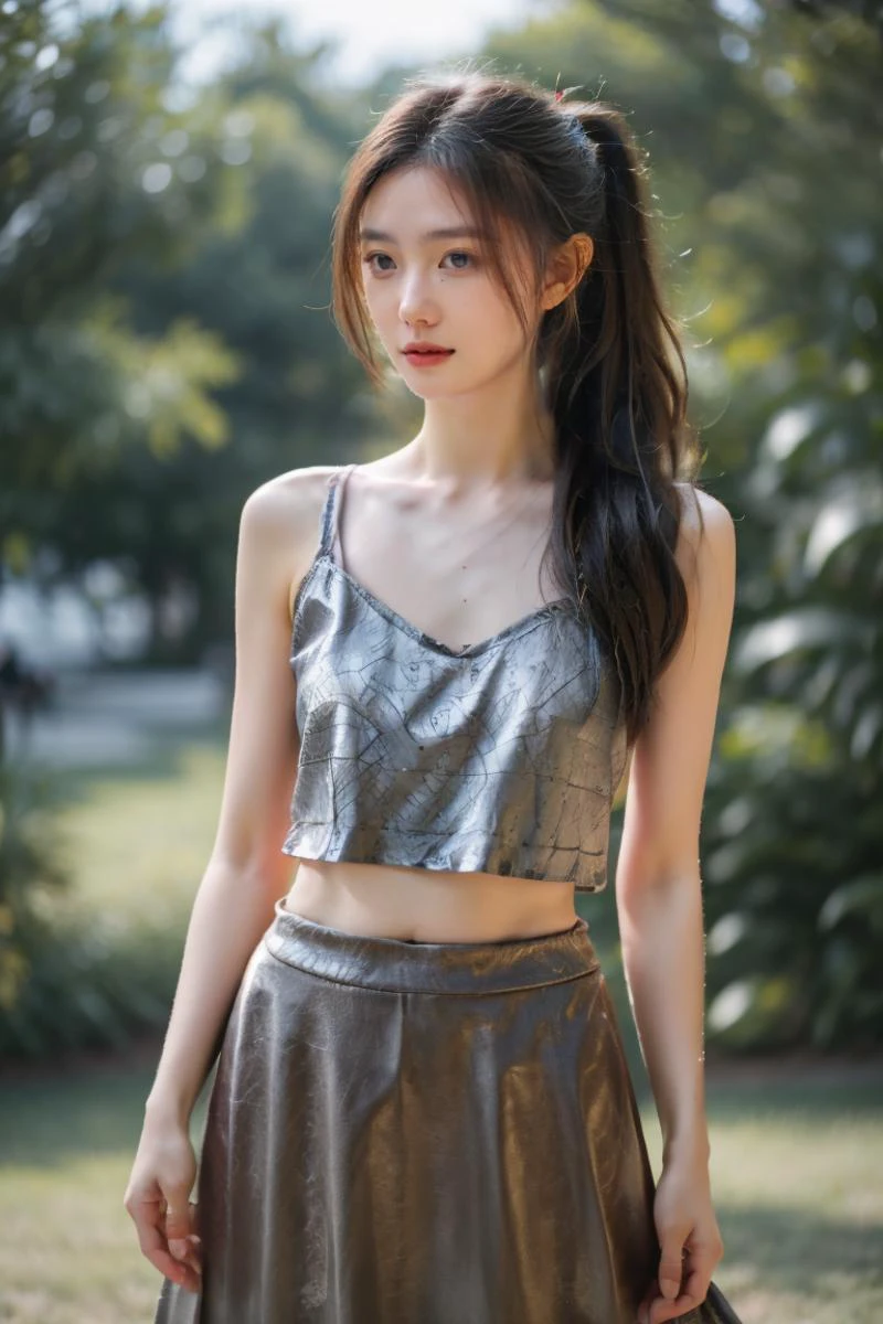 (((NSFW))),RAW photo,subject,8k uhd,dslr,soft lighting,high quality,film grain,Fujifilm XT3,depth of field,
(cowboy_shot:1.5),outdoors,1girl,(natural beauty),happy,naughty_face,summer_long_skirt,tall body,golden proportions,(idol),park,forehead,((medium wavy gray hair)),((high ponytail)),(((the breeze stirred the hair))),(((floating hair))),(parted lips:1.1),wide shoulders,small breasts,<lora:lhc:0.8>,<lora:seeThroughSilhouette_v10:0.5>,<lora:zhenshi:0.5>,