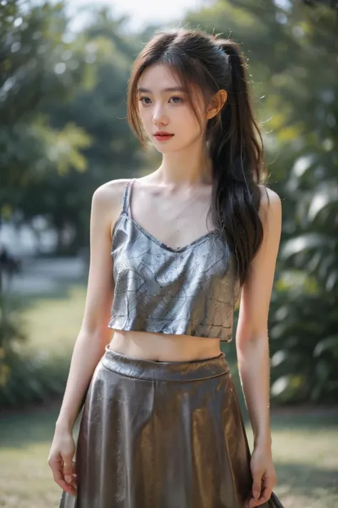 (((NSFW))),RAW photo,subject,8k uhd,dslr,soft lighting,high quality,film grain,Fujifilm XT3,depth of field,
(cowboy_shot:1.5),outdoors,1girl,(natural beauty),happy,naughty_face,summer_long_skirt,tall body,golden proportions,(idol),park,forehead,((medium wavy gray hair)),((high ponytail)),(((the breeze stirred the hair))),(((floating hair))),(parted lips:1.1),wide shoulders,small breasts,<lora:lhc:0.8>,<lora:seeThroughSilhouette_v10:0.5>,<lora:zhenshi:0.5>,