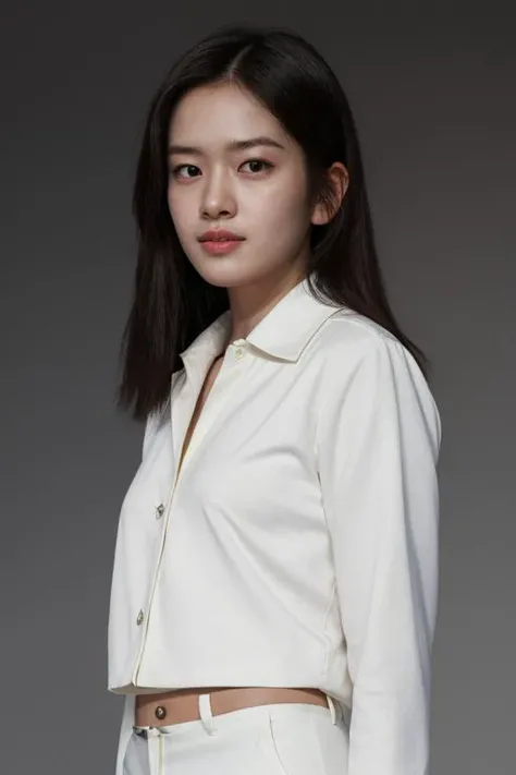 masterpiece, best quality, ultra-detailed, ultra high res, (photorealistic:1.4), raw photo, (realistic:0.2), 8k HDR, realistic lighting, 1girl, solo, (standing:1.2), looking at viewer, asymmetrical hair, (detailed oily skin), (detailed face), (simple gray background :1.1), (full body:1), white suits, white collared shirts, (white pants),