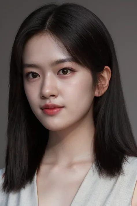 masterpiece, best quality, ultra-detailed, ultra high res, (photorealistic:1.4), raw photo, (realistic:0.2), 8k HDR, realistic lighting, 1girl, solo, looking at viewer, asymmetrical long hair, (detailed oily skin), (detailed face), (simple gray background :1.1), (full body:1.2), simple dress, sleeveless,