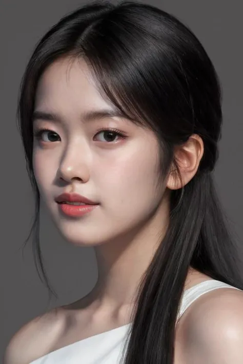 masterpiece, best quality, ultra-detailed, ultra high res, (photorealistic:1.4), raw photo, (realistic:0.2), 8k HDR, realistic lighting, 1girl, solo, looking at viewer, asymmetrical long hair, (detailed oily skin), (detailed face), (simple gray background :1.1), (full body:1.2), simple dress, sleeveless, off shoulder,