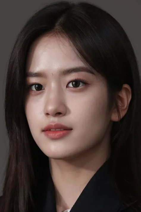 masterpiece, best quality, ultra-detailed, ultra high res, (photorealistic:1.4), raw photo, (realistic:0.2), 8k HDR, realistic lighting, 1girl, solo, looking at viewer, asymmetrical hair, (detailed oily skin), (detailed face), (simple gray background :1.1), (full body:1.2), black suits, black collared shirts,