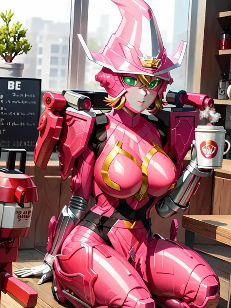 (extremely detailed CG), (best quality), 1girl, perfect face, bright pupils,shiny skin, <lora:Magine-10:0.8> ZenkaiMagine, , robot ,green eyes, looking at viewer, mecha,coffe shop, holding a cup of coffe ,closed mouth