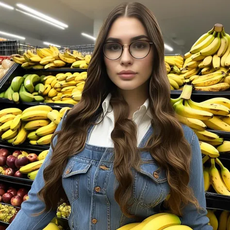 TGG1024 , glasses, wavy long hair, turleneck, jeans, holding bananas, grocery store, detailed eyes, photography, trending on artstation, sharp focus, studio photo, intricate details, highly detailed, by greg rutkowski <lora:TGG1024-000060:0.7>
