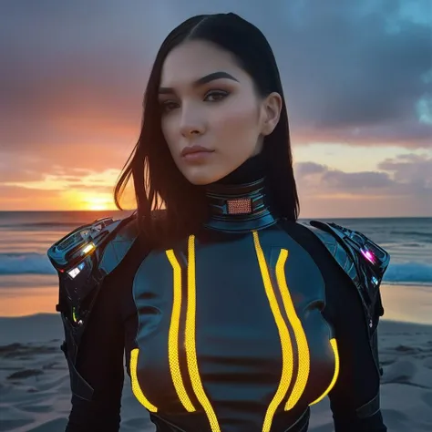 TGG1024 , cyberpunk turtleneck suit, hightec, led lights, beach, sunset, detailed eyes, photography, trending on artstation, sharp focus, studio photo, intricate details, highly detailed, by greg rutkowski <lora:TGG1024-000060:0.7>