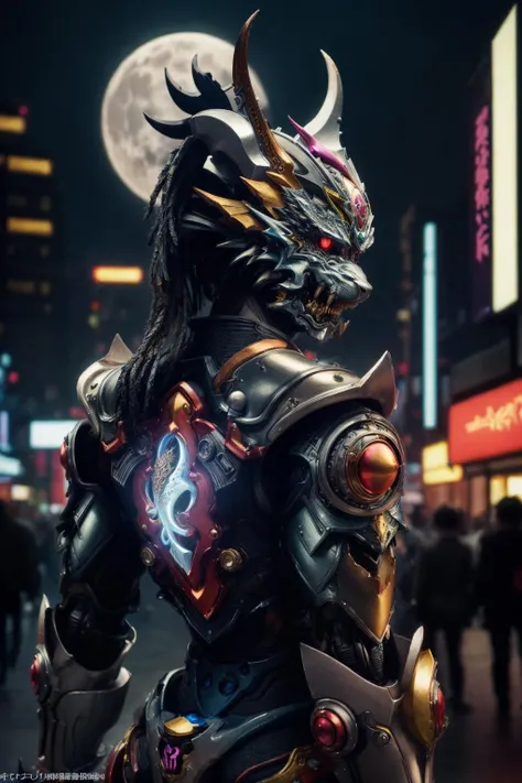 a HDR photograph of a chinese dragon with halo|moon on the back, intricate cyberpunk robot, highly detailed, soft bokeh, art by keitaAmemiya and popular science <lora:add_detail:1.2>  <lora:KeitaAmemiya:0.7>
