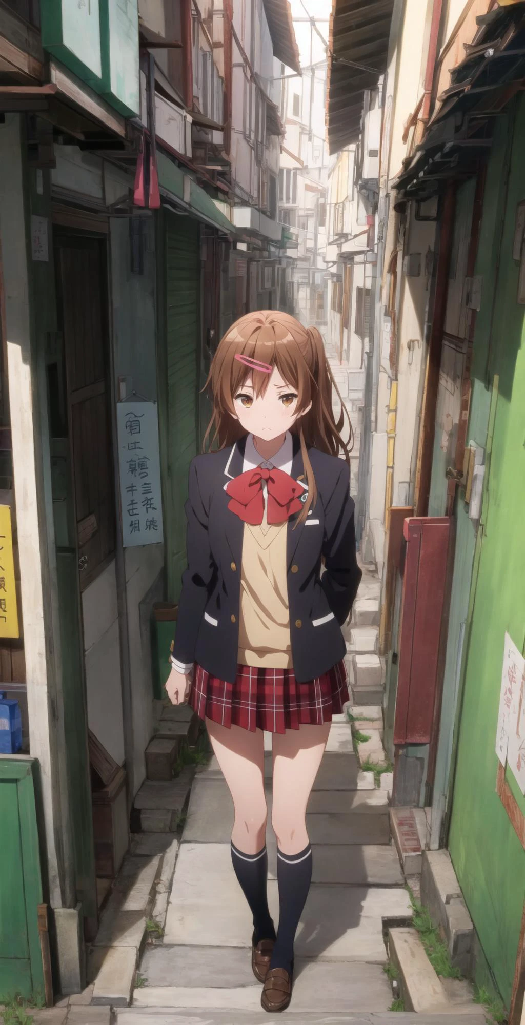 masterpiece, best quality, highres, BREAK
,embarrassed,chinese narrow dirty alleyway daytime, , green, mediterranean theme, , eye level shot, ,(looking at viewer:1.0), ,BREAK,
<lora:nibutani:0.85>, shinka nibutani, school uniform, jacket, plaid skirt
,