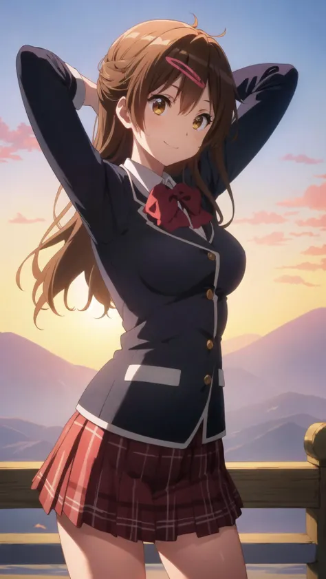 masterpiece, best quality, highres, BREAK
,angelic smile,dieselpunk mountains evening, , , , ,, armpits,BREAK,  
<lora:nibutani:0.8>, shinka nibutani, school uniform, jacket, plaid skirt