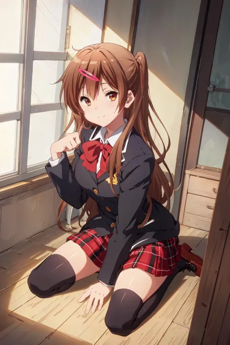 (((picture perfect))), (absurdres), 1girl, solo, <lora:nibutani:1.0>, shinka nibutani, large breasts, school uniform, (jacket:1.1), plaid skirt, smirk, (half-closed eyes:1.1), looking at viewer, classroom, warm lighting, BREAK, paw pose, (paw hands:1.2), wariza, sitting, floor, from above, looking up, wariza, paw pose, hand between legs, looking at viewer, head tilt, blush, BREAK (masterpiece:1.2), (beautiful detailed eyes:1.2), (perfect hands, perfect anatomy)