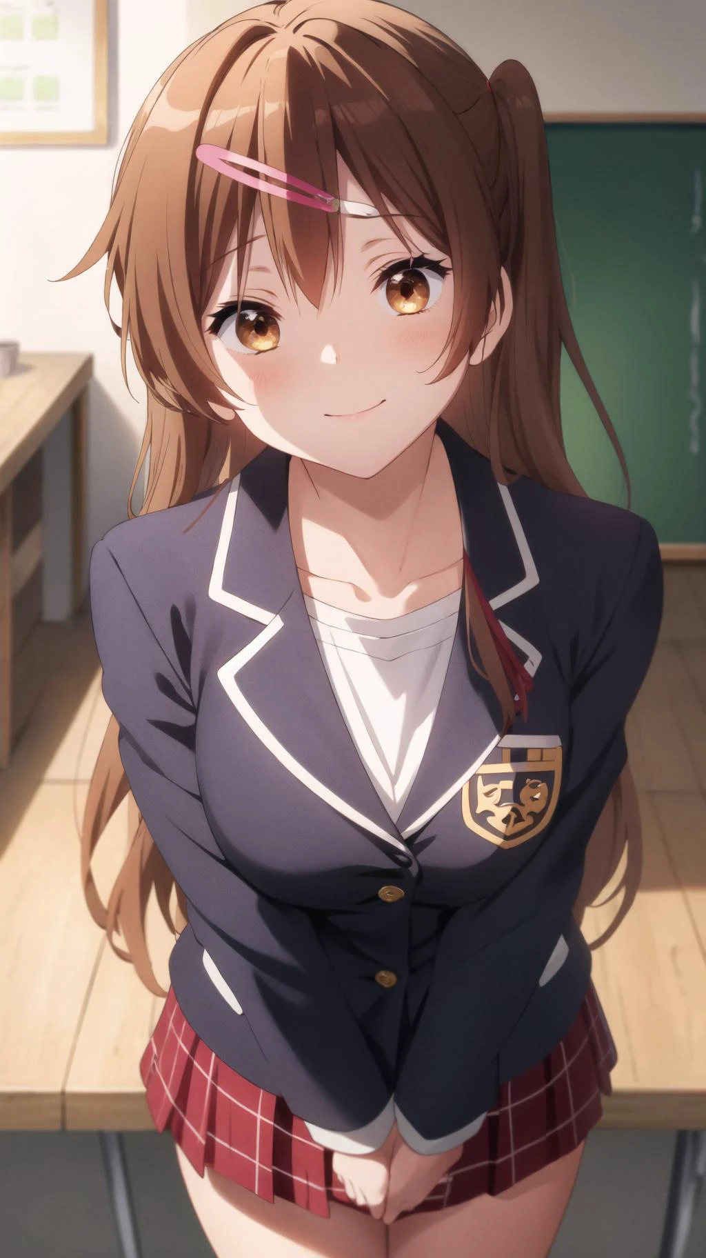 masterpiece, best quality, highres, BREAK, masterpiece, best quality, highres, BREAK
,evil smile,, purple, ruby, simple theme, , top shot, ,looking up, collarbone,BREAK,
<lora:nibutani:0.85>, shinka nibutani, school uniform, jacket, plaid skirt
,