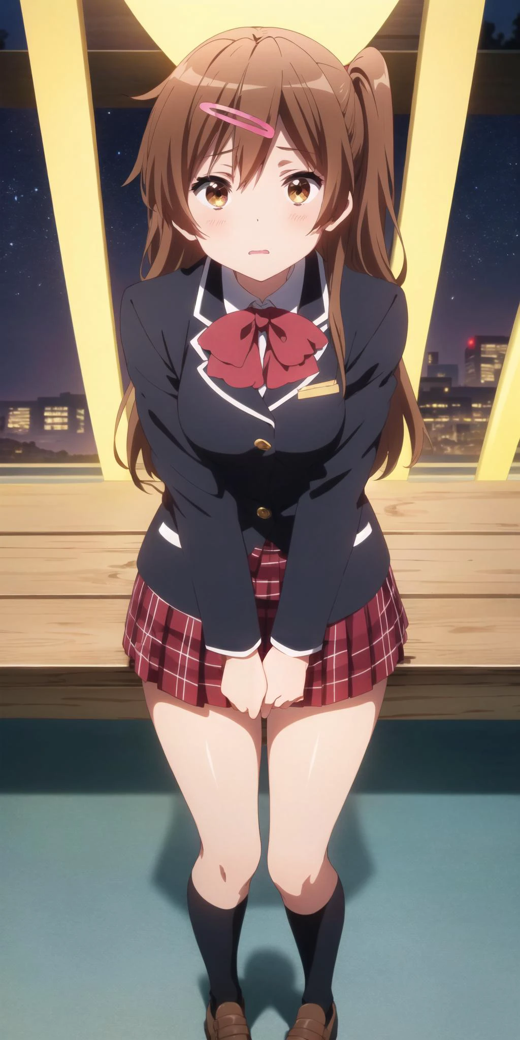 masterpiece, best quality, highres, BREAK
,full-face blush,sci-fi schoolyard nighttime, , cute, pink, platinum theme, , , ,looking up, ,BREAK,
<lora:nibutani:0.85>, shinka nibutani, school uniform, jacket, plaid skirt
,