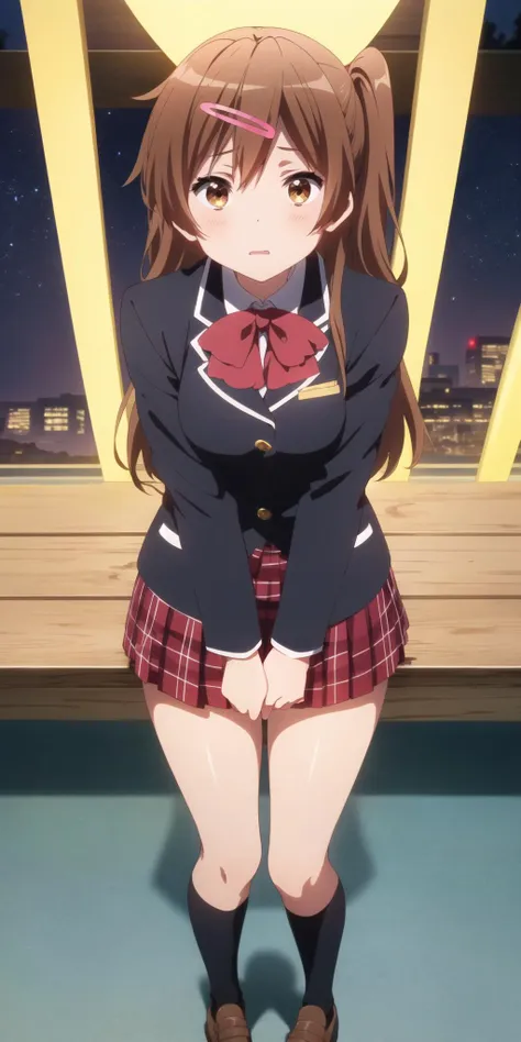 masterpiece, best quality, highres, BREAK
,full-face blush,sci-fi schoolyard nighttime, , cute, pink, platinum theme, , , ,looking up, ,BREAK, 
<lora:nibutani:0.85>, shinka nibutani, school uniform, jacket, plaid skirt
,