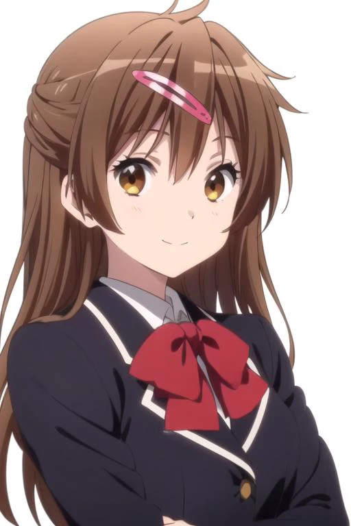 solo, 1girl, looking at viewer, 2D, anime, anime coloring, upper body, (simple background, solid white background:1.3), <lora:shinka-chu2byo:0.8>, shinka nibutani, blazer, school uniform, smile