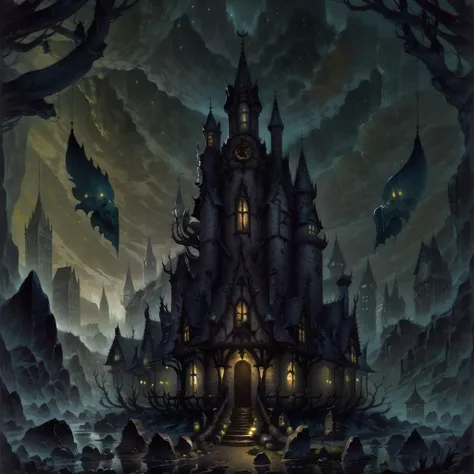 bromart, a haunted manor stands above a valley <lora:bromart2:1>