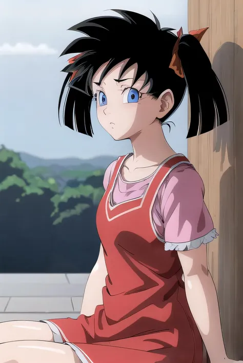 Anime girl with black hair and blue eyes sitting on a porch - SeaArt AI