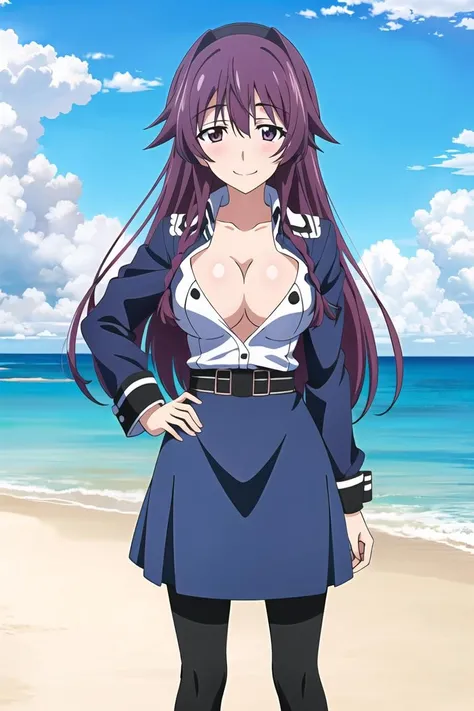 ((masterpiece)),((best quality)),ultra-detailed,illustratio,Explicit,Beautiful body,Beautiful Nose,Beautiful character design,perfect eyes,perfect face,wallpaper,ultra highres,4K,photography,(Beautiful,normal breasts:1.2),(beautiful face:1.2),beautiful legs,perfect legs,shiny skin,nsfw,official style,official arts,anime screencap,anime coloring,
1girl, long hair, solo, purple hair,purple eyes,pantyhose, skirt, boots, smile, belt, hand on hip, black pantyhose, , jacket, breasts, black background, blush, medium breasts, looking at viewer, standing, casual, collarbone, sleeves rolled up, shirt,full body,<lora:Shinonono Tabane:0.7> ,outdoor,Blue sky,White cloud,beach,shore,seawater:1.2),