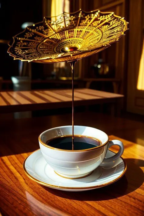 HDR photo of golden cup of coffee with black coffee, intricate details, fractal art, Calligraphy, Petros Afshar, tilt shift shot, . High dynamic range, vivid, rich details, clear shadows and highlights, realistic, intense, enhanced contrast, highly detailed