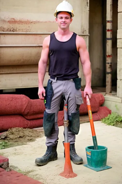 standing next to a cement mixer, BrennerBolton is a construction worker, wearing gray tank top, vpl, dirty work trousers, work boots, hard hat, holding a spade, (full body portrait:1.33), wide angle, <lora:BrennerBolton:0.8>, <lora:workTrousers:.8>