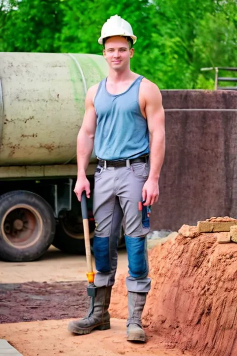 standing next to a cement mixer, BrennerBolton is a construction worker, wearing gray tank top, vpl, dirty work trousers, work boots, hard hat, holding a spade, (full body portrait:1.33), wide angle, <lora:BrennerBolton:0.8>, <lora:workTrousers:.8>