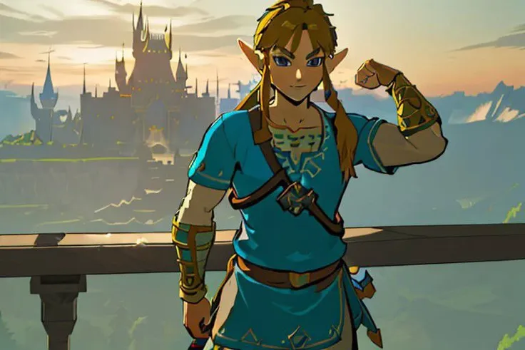 1man link standing, heroic stance, (masterpiece, best quality, highres, absurdres, ultra-detailed:1.3), hyrule castle in background, excited happy, complete body, master sword