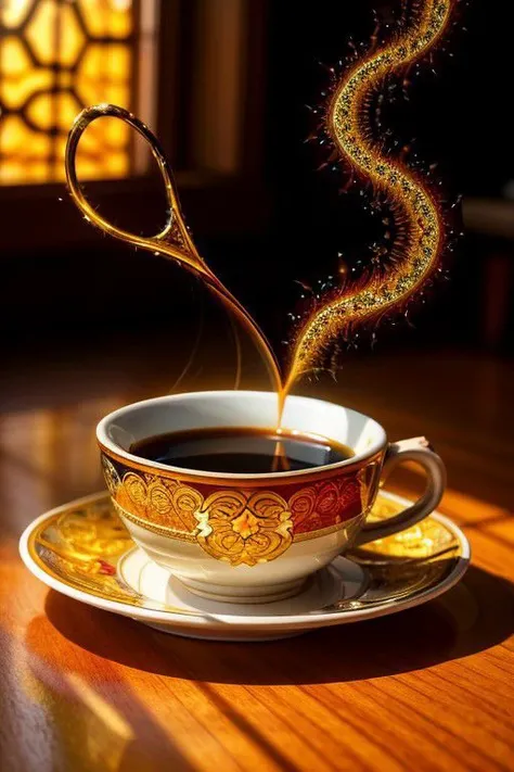 HDR photo of golden cup of coffee with black coffee, intricate details, fractal art, Calligraphy, Petros Afshar, tilt shift shot, . High dynamic range, vivid, rich details, clear shadows and highlights, realistic, intense, enhanced contrast, highly detailed