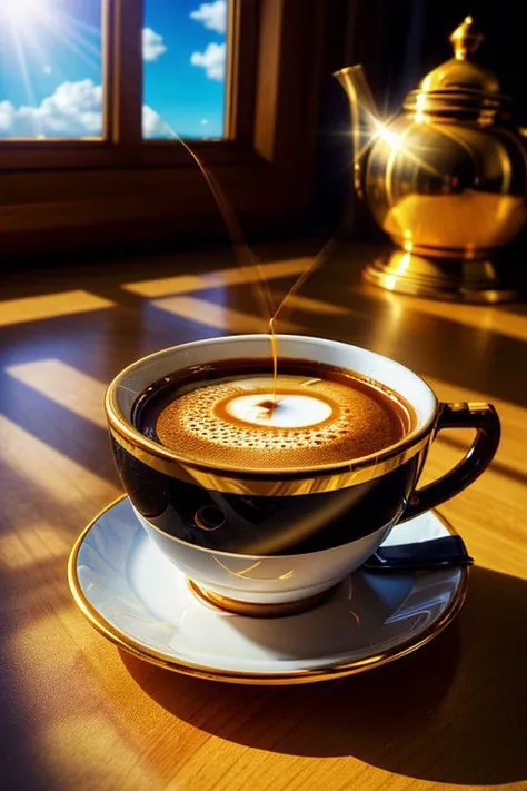 HDR photo of golden cup of coffee with black coffee, intricate details, fractal art, Calligraphy, Petros Afshar, tilt shift shot, . High dynamic range, vivid, rich details, clear shadows and highlights, realistic, intense, enhanced contrast, highly detailed