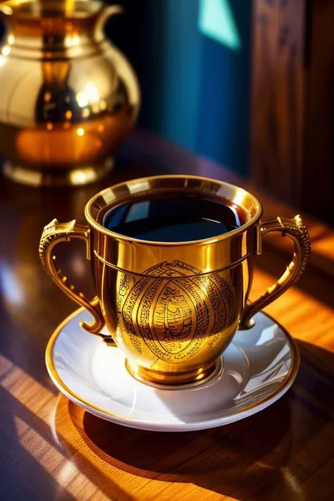 HDR photo of golden cup of coffee with black coffee, intricate details, fractal art, Calligraphy, Petros Afshar, tilt shift shot, . High dynamic range, vivid, rich details, clear shadows and highlights, realistic, intense, enhanced contrast, highly detailed