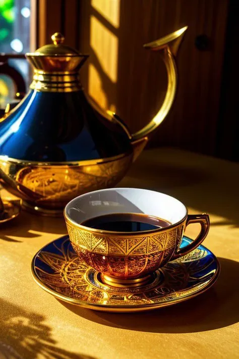 HDR photo of golden cup of coffee with black coffee, intricate details, fractal art, Calligraphy, Petros Afshar, tilt shift shot, . High dynamic range, vivid, rich details, clear shadows and highlights, realistic, intense, enhanced contrast, highly detailed