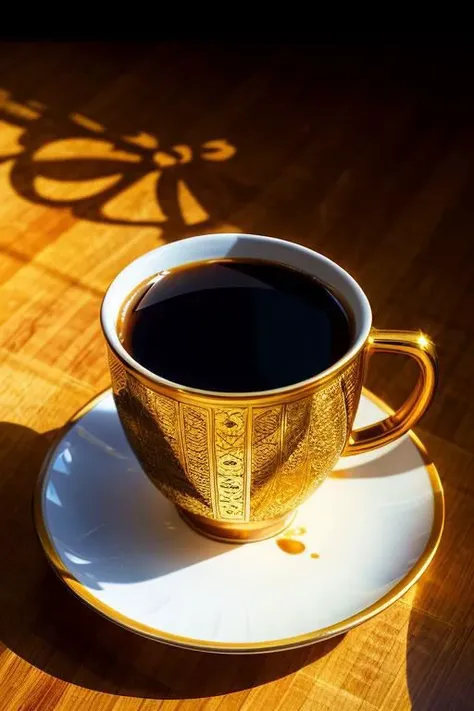 HDR photo of golden cup of coffee with black coffee, intricate details, fractal art, Calligraphy, Petros Afshar, tilt shift shot, . High dynamic range, vivid, rich details, clear shadows and highlights, realistic, intense, enhanced contrast, highly detailed