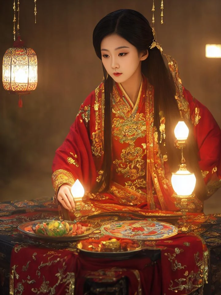 lalisaMan1,(Extremely Detailed Oil Painting:0.8), glow effects, godrays, Hand drawn, render, 8k, octane render, cinema 4d, blender, dark, atmospheric 4k ultra detailed, cinematic sensual, newcn, 1girl, Tang hanfu, black hair, 3d, hanfu, lantern
