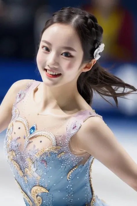 best quality, professional lighting, super detailed, realistic, beautiful detailed face eyes, upper_body,looking at viewer, <lora:hondamarin_lora:0.8> 1girl, skating, dress,smile