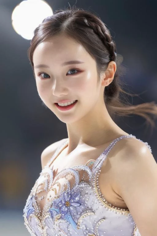 best quality, professional lighting, super detailed, realistic, beautiful detailed face eyes, upper_body,looking at viewer, <lora:hondamarin_lora:0.8> 1girl, skating, dress,smile