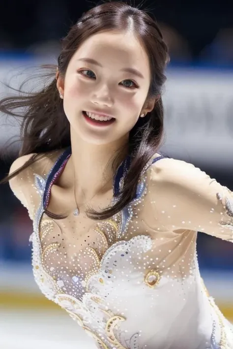 best quality, professional lighting, super detailed, realistic, beautiful detailed face eyes, upper_body,looking at viewer, <lora:hondamarin_lora:0.8> 1girl, skating, dress,smile