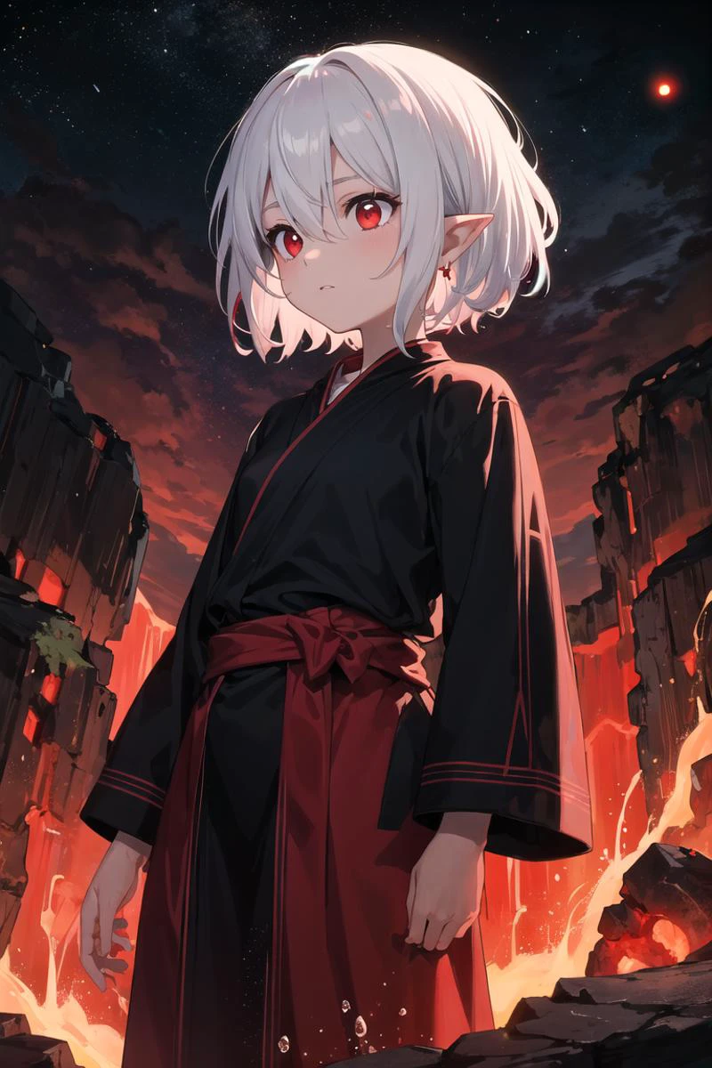 (masterpiece, top quality, best quality, official art, beautiful and aesthetic:1.2), (abstract, fractal art:1.3), atmospheric, cinematic lighting, cinematic scene,
1girl, solo, looking from the top, (close up),
droplets, flowing, COLOR and COLOR, sparkle, rim lighting,
dark theme, dark fantasy, pointy ears,
white hair, (colorful red eyes:1.3), short hair, bob hair, hair between eyes,
black cleric garnments, long clothes, standing at the edge of a volcano, magma and lava all around,
intricate robes, (red glowing rocks:1.2), red glow, red moon, side view, heat waves,