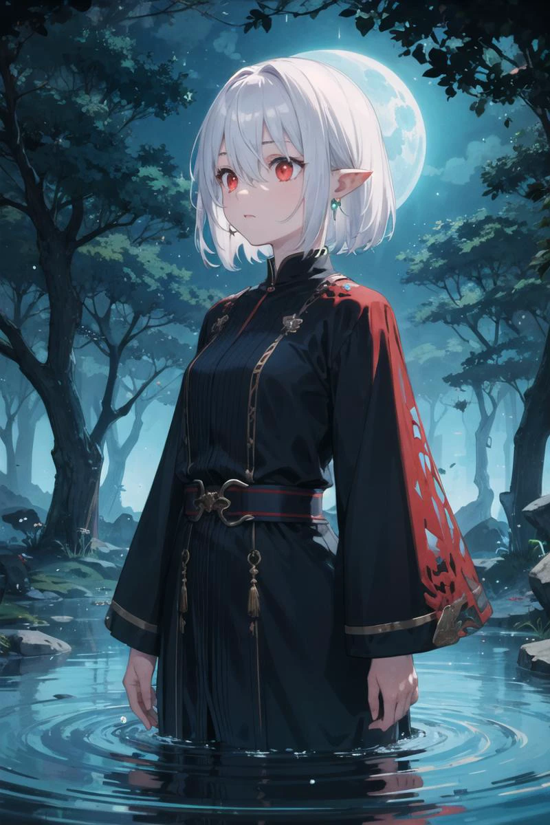 (masterpiece, top quality, best quality, official art, beautiful and aesthetic:1.2), (abstract, fractal art:1.3), atmospheric, cinematic lighting, cinematic scene,
1girl, solo, looking from the top, (close up),
droplets, flowing, COLOR and COLOR, sparkle, rim lighting,
dark theme, dark fantasy, pointy ears,
white hair, (colorful red eyes:1.3), short hair, bob hair, hair between eyes,
black cleric garnments, long clothes, (standing in an ocean), (water mirror),
intricate robes, (blue glowing tree:1.2), blue glow, blue moon, side view, water ripples,