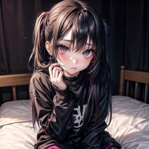 1 girl, sitting on her bed, emo makeup, piercings, <lora:eyes:1> <lora:more_details:1>