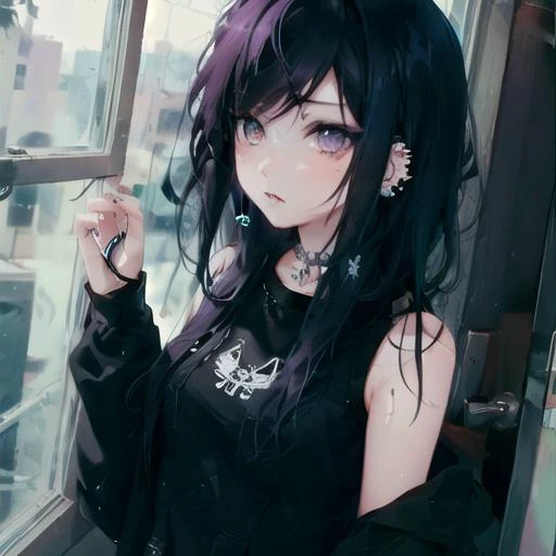 <lora:scene:1> emo makeup, 1 girl, looking out of a window, hd, masterpiece, 8k, piercings