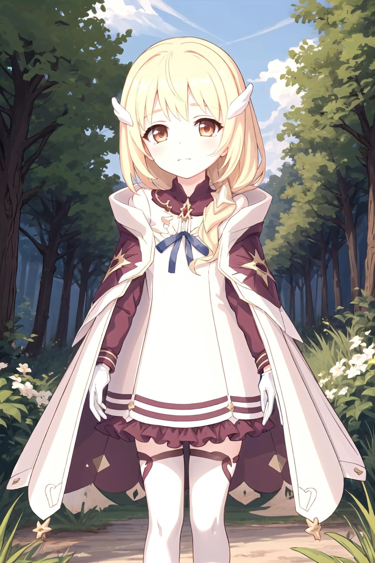 1girl, quria, long hair, hair over shoulder, white dress, long sleeves, white cape, white gloves, blue ribbon, white thighhighs, standing, outdoors, forest, <lora:quria:1>