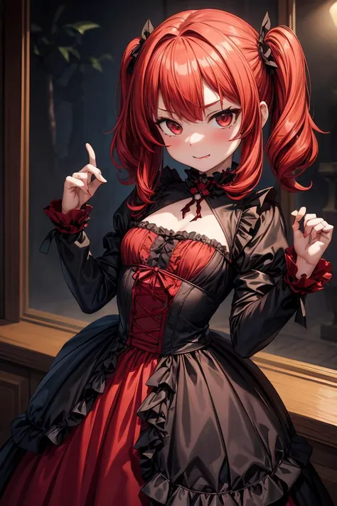 (masterpiece, best quality), 1girl, red hair, medium chest, gothic frill dress, pervert face, <lora:add_detail:1>