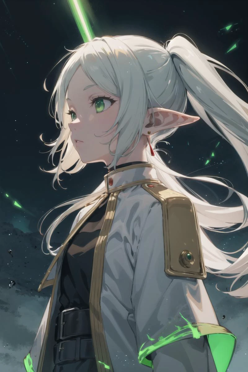 (masterpiece, top quality, best quality, official art, beautiful and aesthetic:1.2), (abstract, fractal art:1.3), atmospheric, cinematic lighting, cinematic scene,
1girl, solo, looking from the top, (close up),
droplets, flowing, COLOR and COLOR, sparkle, rim lighting,
dark theme, dark fantasy,
white hair, (colorful green eyes:1.3),
frieren, long hair, pointy ears, twintails, jewelry, elf, parted bangs, earrings,
black cleric garnments, long clothes, falling inside a hurricane,
intricate robes, (green glowing winds:1.2), green glow, green moon, side view, vortex,
<lora:frieren-10:0.7>