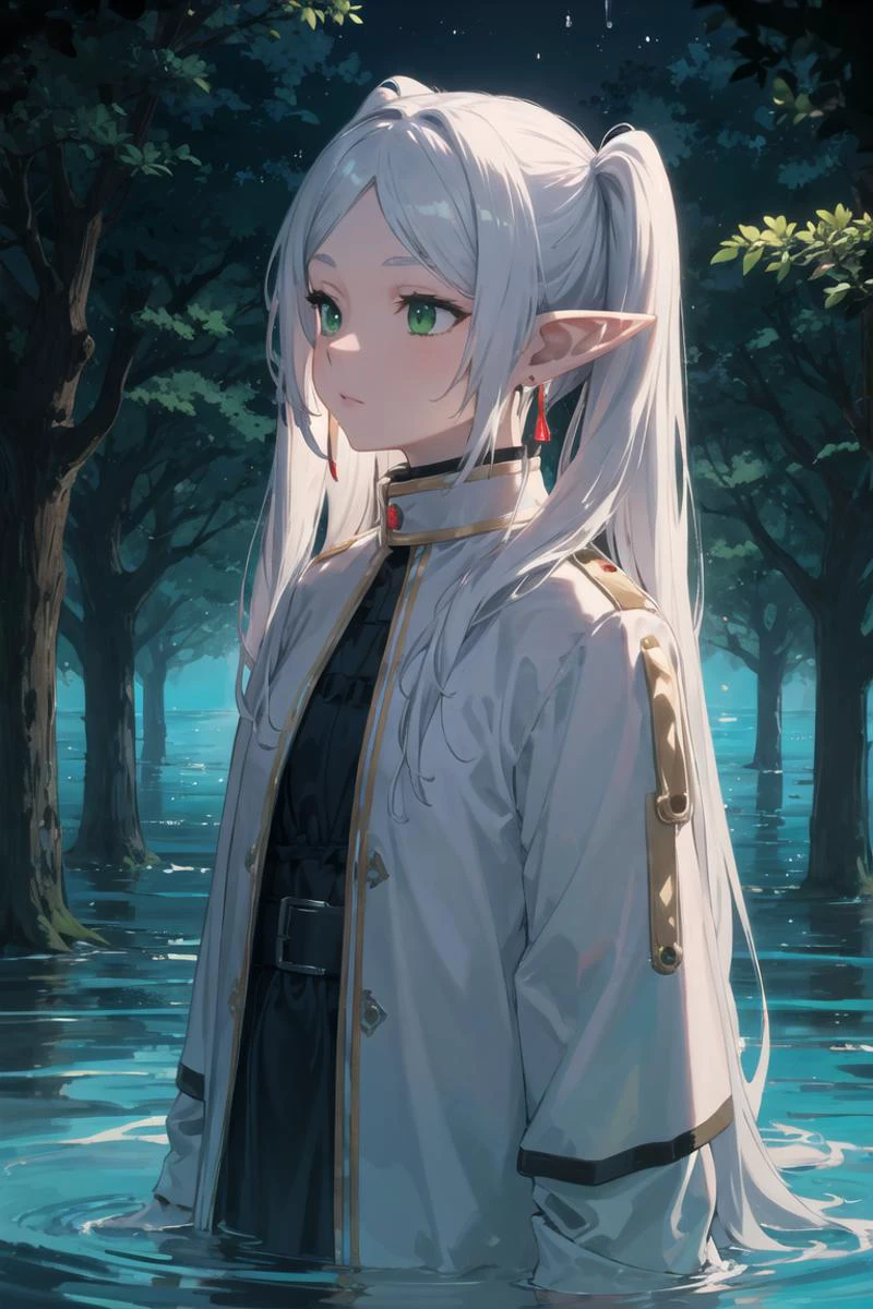 (masterpiece, top quality, best quality, official art, beautiful and aesthetic:1.2), (abstract, fractal art:1.3), atmospheric, cinematic lighting, cinematic scene,
1girl, solo, looking from the top, (close up),
droplets, flowing, COLOR and COLOR, sparkle, rim lighting,
dark theme, dark fantasy,
white hair, (colorful green eyes:1.3),
frieren, long hair, pointy ears, twintails, jewelry, elf, parted bangs, earrings,
black cleric garnments, long clothes, (standing in an ocean), (water mirror),
intricate robes, (blue glowing tree:1.2), blue glow, blue moon, side view, water ripples,
<lora:frieren-10:0.7>
