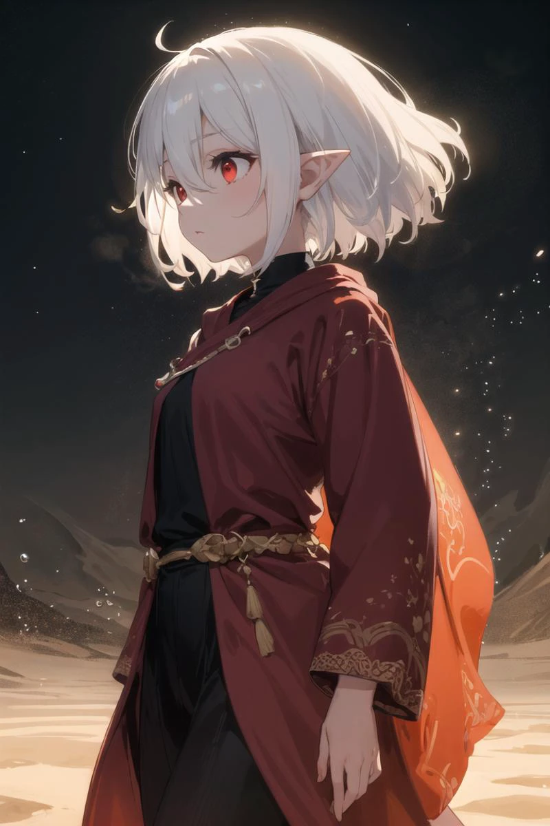 (masterpiece, top quality, best quality, official art, beautiful and aesthetic:1.2), (abstract, fractal art:1.3), atmospheric, cinematic lighting, cinematic scene,
1girl, solo, looking from the top, (close up),
droplets, flowing, COLOR and COLOR, sparkle, rim lighting,
dark theme, dark fantasy, pointy ears,
white hair, (colorful red eyes:1.3), short hair, bob hair, hair between eyes,
black cleric garnments, long clothes, walking in a sandstorm, at the desert, at night,
intricate robes, (yellow glowing sand:1.2), yellow glow, orange moon, side view,