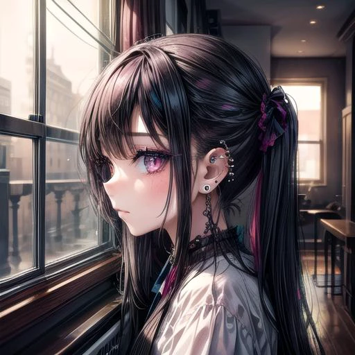 1 girl, looking out of a window, emo makeup, piercings, <lora:eyes:1> <lora:more_details:1>