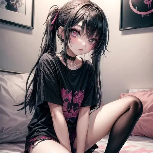 1 girl, sitting on her bed, emo makeup, piercings, <lora:eyes:1> <lora:more_details:1>