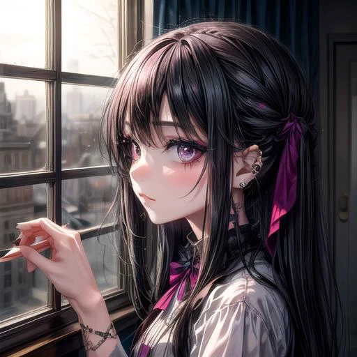 1 girl, looking out of a window, emo makeup, piercings, <lora:eyes:1> <lora:more_details:1>