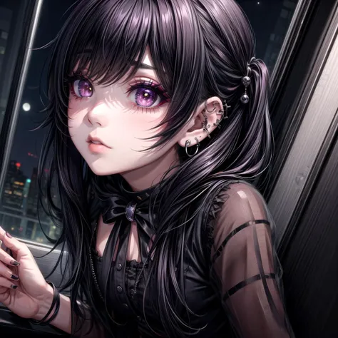 1 girl, emo makeup, piercings, looking out the window at night, full moon in the sky, <lora:eyes:1>  <lora:more_details:1>