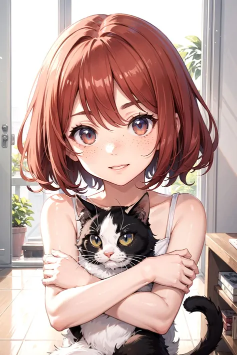 a beautiful anime girl, red hair, freckles, smooth skin, blurry background, holding a cat, soft, cute, happy, illustration, cute, perfect proportions, perfect face, perfect eyes